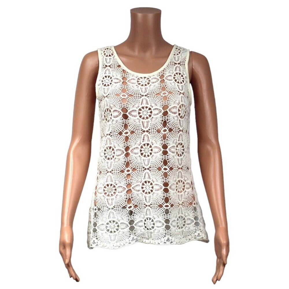 Valerie Bertinelli Small White Cotton Crochet Lace Floral Tank Top